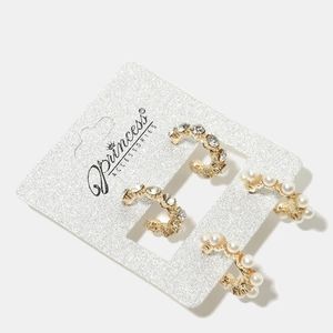 2-Pair Pearl & Rhinestone Open Hoop Earrings